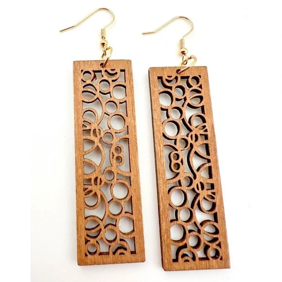 Art Deco Bubbles Laser Cut Wood Earrings Chestnut Brown
