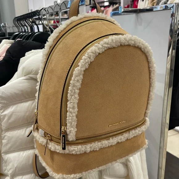 MICHAEL KORS Rhea Medium Suede and Faux Shearling Backpack Peanut NWT