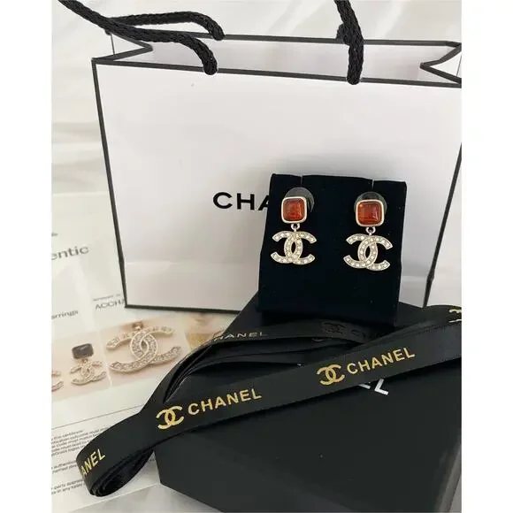 Chanel CC Drop Earrings Gold Tone Crystal Amber Stone Pierced