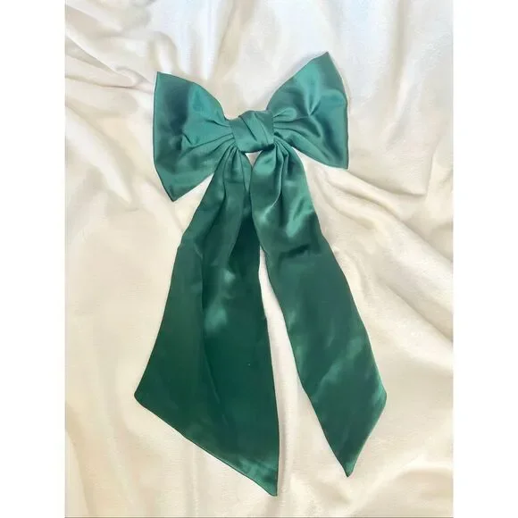 Elegant green satin holiday bow - with Barrett clip close - great for thick hair