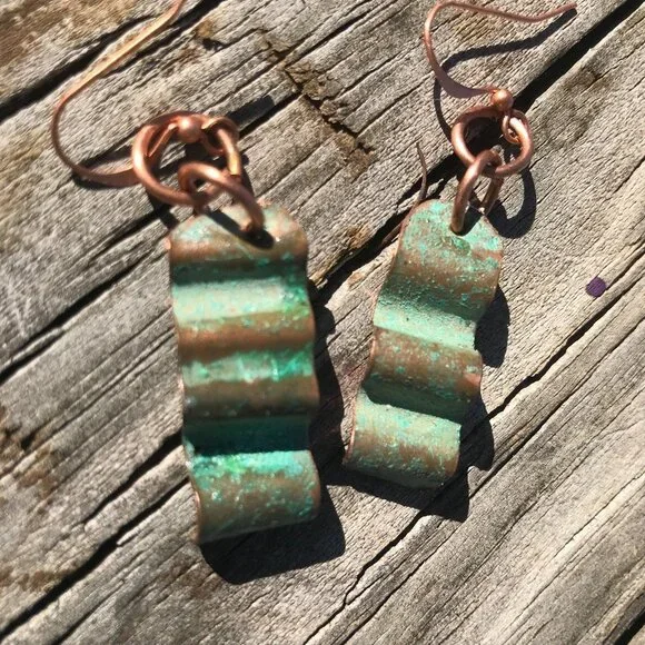 Solid Copper Patina Green Verdigris Earrings Drop Dangle Form Folded Brutalist