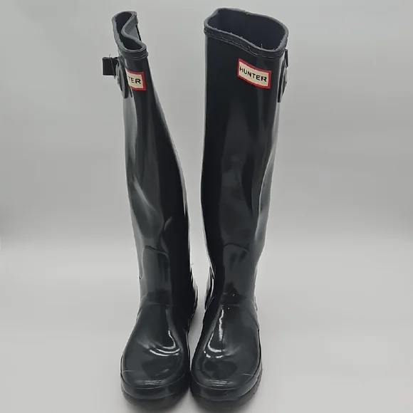 Hunter Dark Gray Gloss Tall Women's Rain Boots with Side Buckle