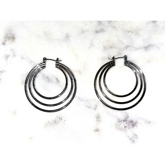 Silver Tone Triple Tiered Hoop Earrings - Modern & Stylish!