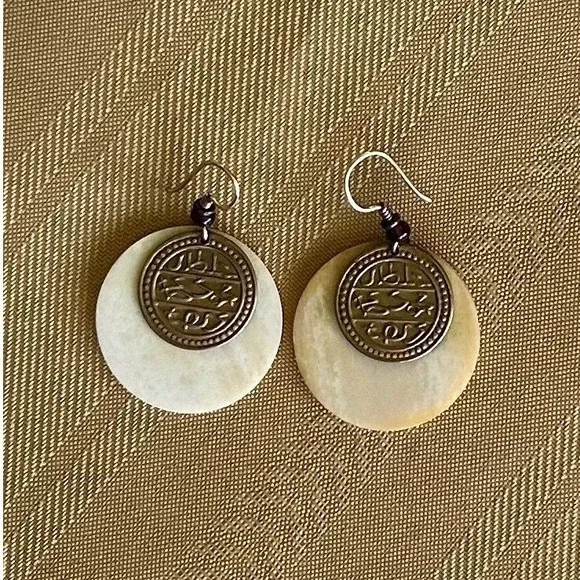 Laurel Burch Vintage Bone and Bronze Tone Coin Dangle Earrings with Bead Accent