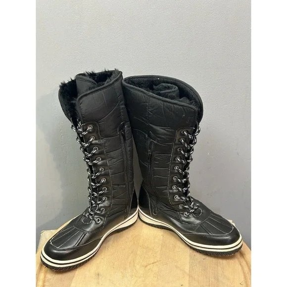 AU Air Underground Boots Womens 7 Quilted Lace Up Side Zip Black Tall Warm