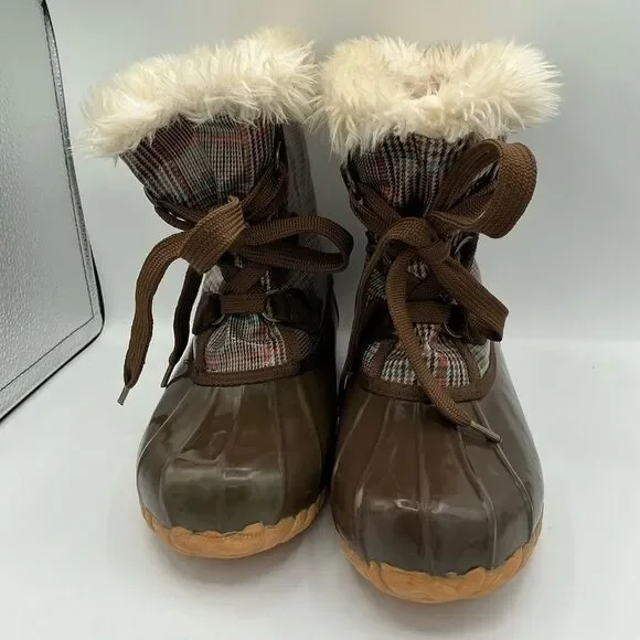 Sporto Plaid Duck Boots, brown rubber shell, faux fur lining size 10
