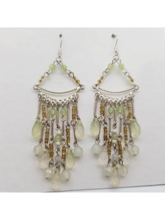 Dangle Chandelier Earrings Green & Yellow Beads On Silver-Tone Chains Boho Style
