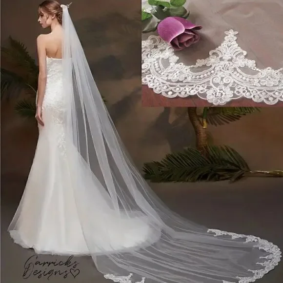Cathedral Bridal Wedding Veil With Embroidered Floral Lace Edge and Comb