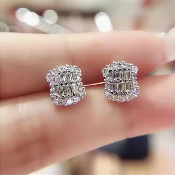 New Baguette 925 Silver Stud Earrings Party Wedding For Women Statement