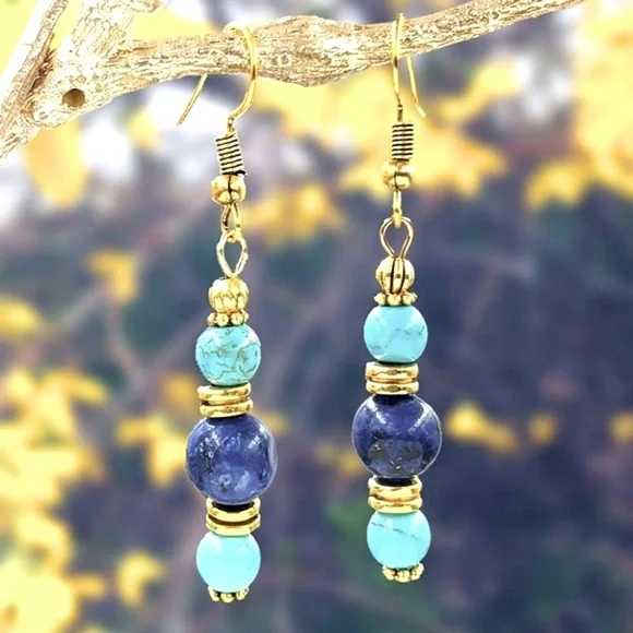 New Gorgeous 14k Gold Plated 925 Silver Lapis Lazuli Drop Earrings