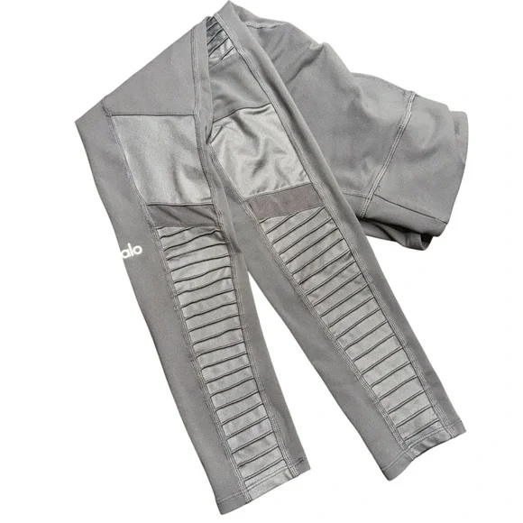 Alo Yoga Leggings Womens Small Gray Moto High Waist Ribbed Panel Athletic