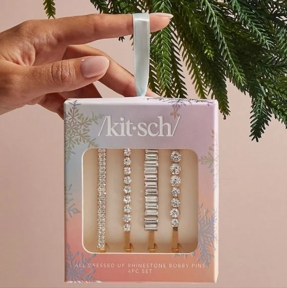 NEW /KIT-SCH/ Rhinestone Bobby Pins Set of 4 Gold Christmas Stocking Stuffer