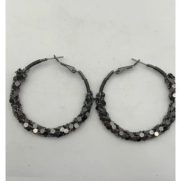 Sparkly Dark Shiny Silver / Grey Textured 2” Hoop Earrings
