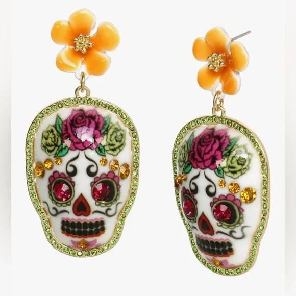 Betsey Johnson Floral Skull Drop Earrings