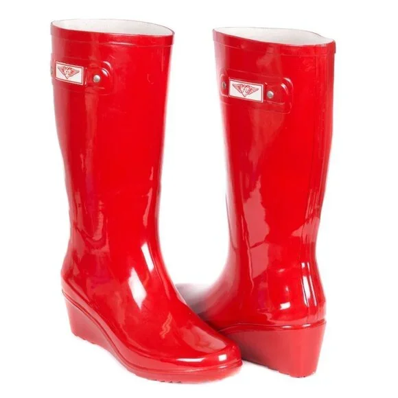 Women Wedge Rubber Rain Boots, Red Garden Rainboots, NEW
