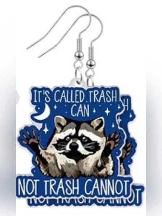 Raccoon 'It's Called Trash Can' Blue Acrylic Earrings