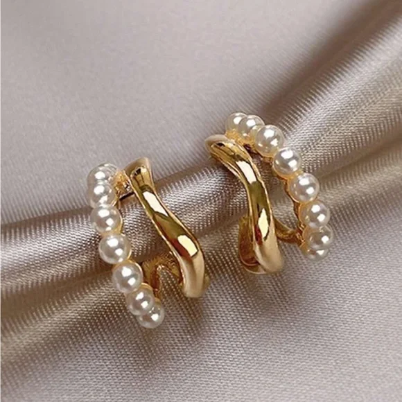 Gold and Cream Pearl Hoop Earrings with Layered Design