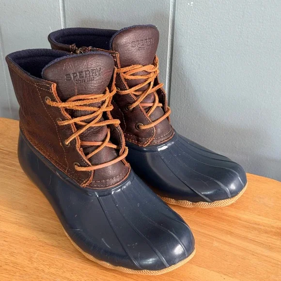Sperry Saltwater Duck Rain Boot Womens 9 Navy Zip Leather Waterproof STS91175