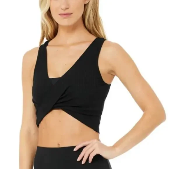 NWT Alo Yoga Swirl Tank Top Black Crop Sports Gym Workout Athleisure Size XS