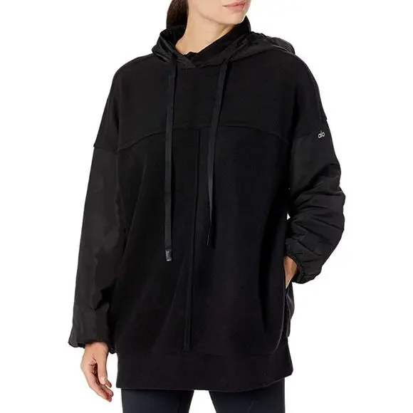 Alo Yoga Mixed Media Pullover Black Oversized Relaxed Hoodie Gym Travel Size S