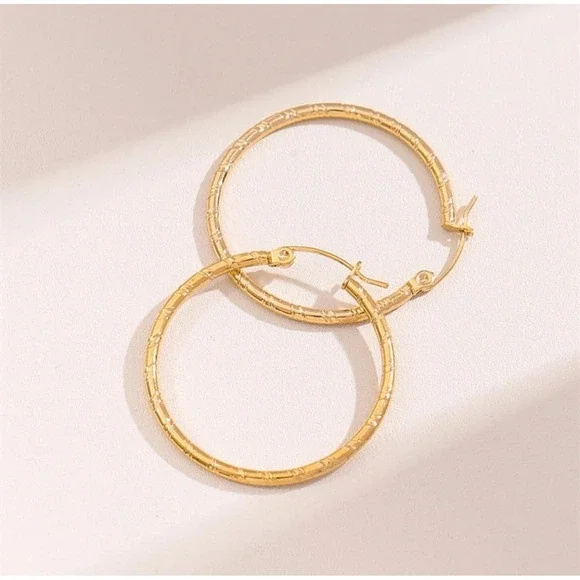 Gold Textured Hoop Earrings Medium Round Latch Back Ribbed Statement High Shine