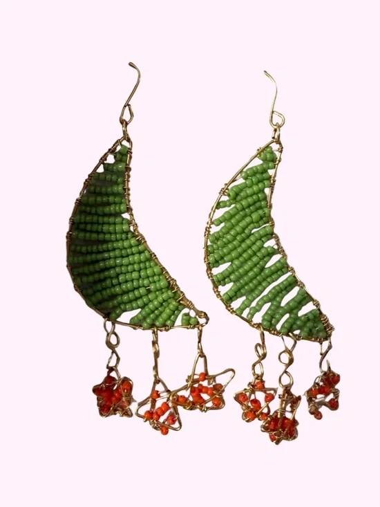 Artisan Beed Moon Stars Astrological Green and Orange Whimsical Dangle Earrings