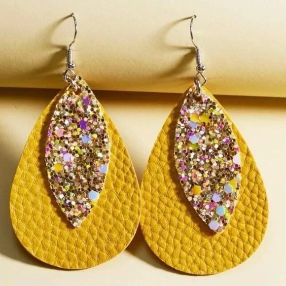Yellow Faux leather multicolored sequin glitter layered water drop earrings