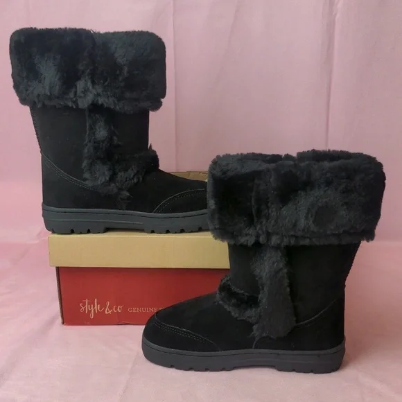 Style & Co Genuine Suede Fluffy Black Witty Black Boots size 5