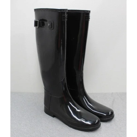 Hunter Boots Women 8 Black Original Refined Tall Gloss Waterproof Rain Boots
