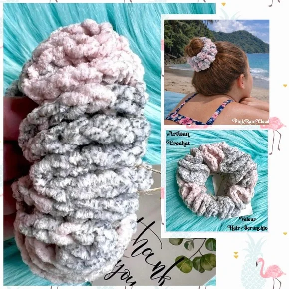 Handmade Crochet VELVET Dusty Rose Stretchy Hair Scrunchie PinkRainCloud