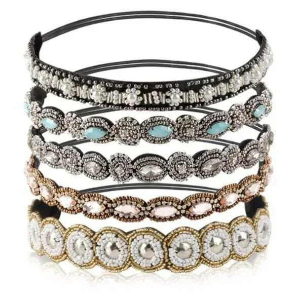Rhinestone Beaded Elastic Headband, Fashionable Handmade Crystal Beaded Elastic