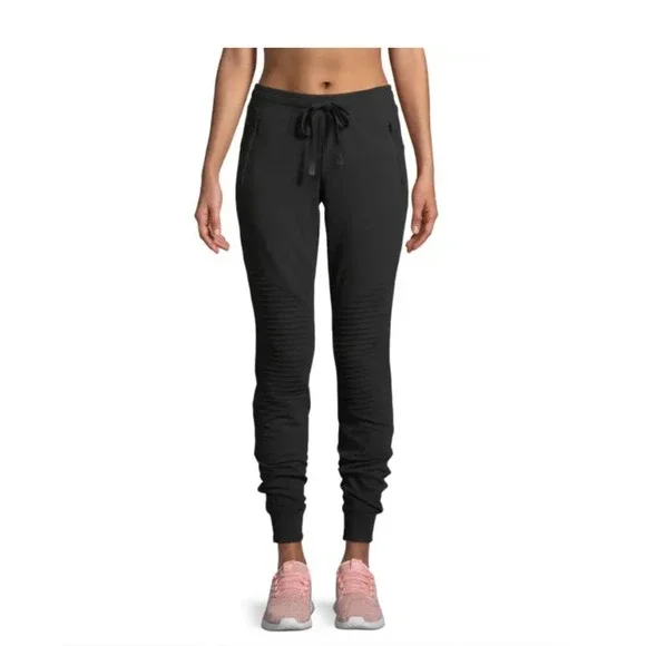 Alo Yoga Moto Jogger Pants Womens XS Black Ribbed Zip Pockets Drawstring Lounge