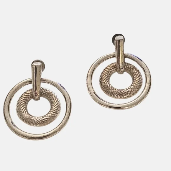 Anne Klein Door Knocker double circle Silver tone stud Earrings