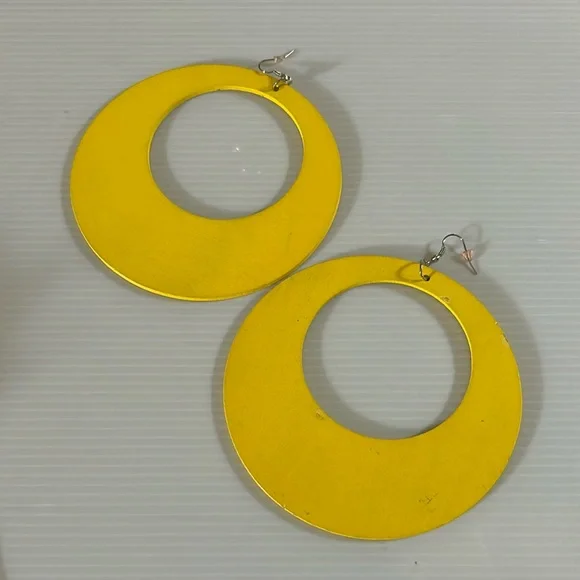 HUGE Retro Style Yellow Wood Hoop Earrings