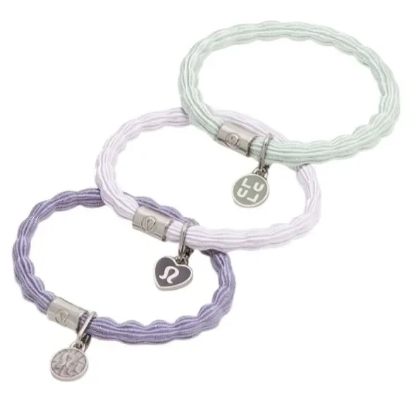 Lululemon Charm Hair Ties 3 Pack Green/Faint Lavender/Grape Mist/Silver
