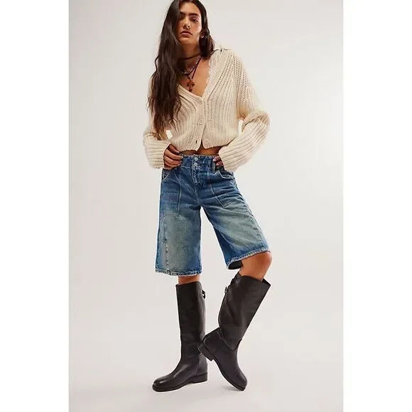 New Free People Everly Equestrian Black Leather Boot Women's Size 8