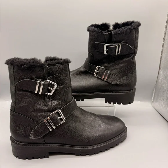 Zara Basic women's black leather ankle boots with buckle and faux fur lining