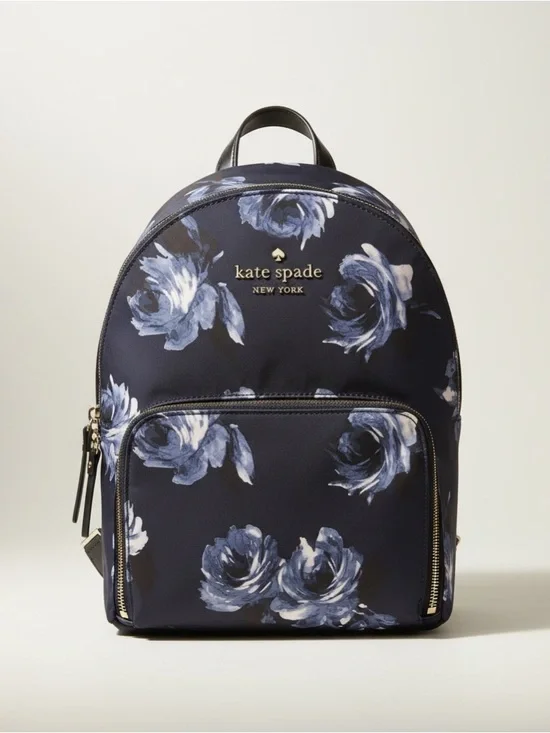 Kate Spade Blue Floral Nylon Backpack Travel Daypack Gold Hardware NWOT