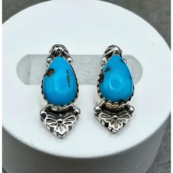Sterling Silver Egyptian Style Turquoise Stud Earrings Southwestern Blue 3/4