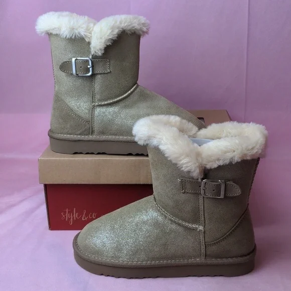 Style & Co Tiny 2 Gold Shimmer Genuine Suede Upper Winter Boots size 6