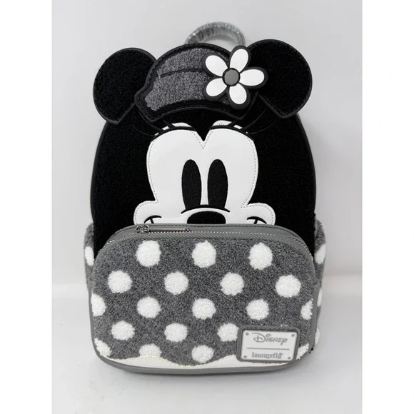 Loungefly Disney Minnie Mouse Vintage Polka Dot Sherpa Mini Backpack Black Grey
