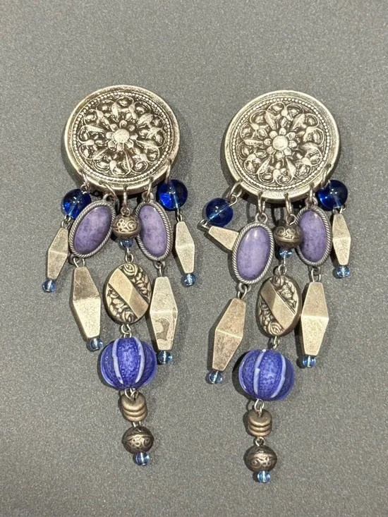 Artizen Blue and Silver Bohemian Dangle Clip On Earrings Tribal Western Jewelry