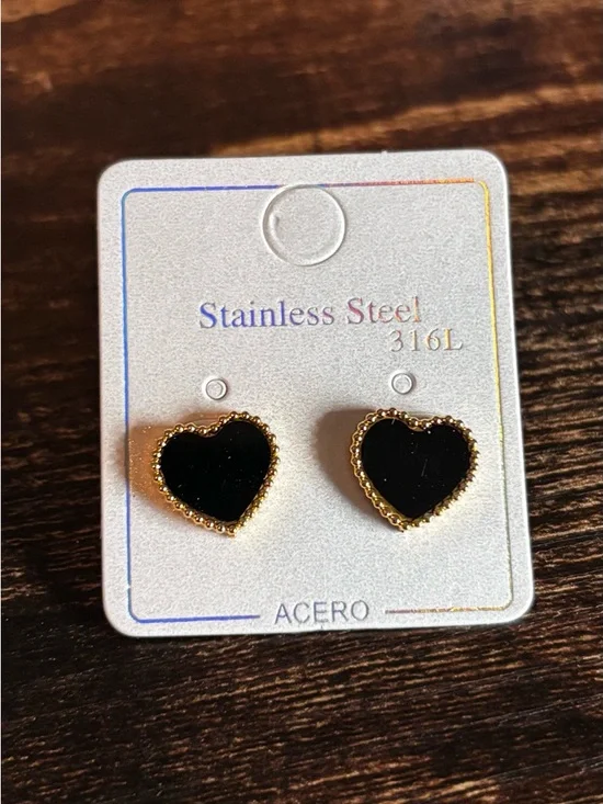 Stainless Steel Gold Tone Trim Black Heart Stud Earrings