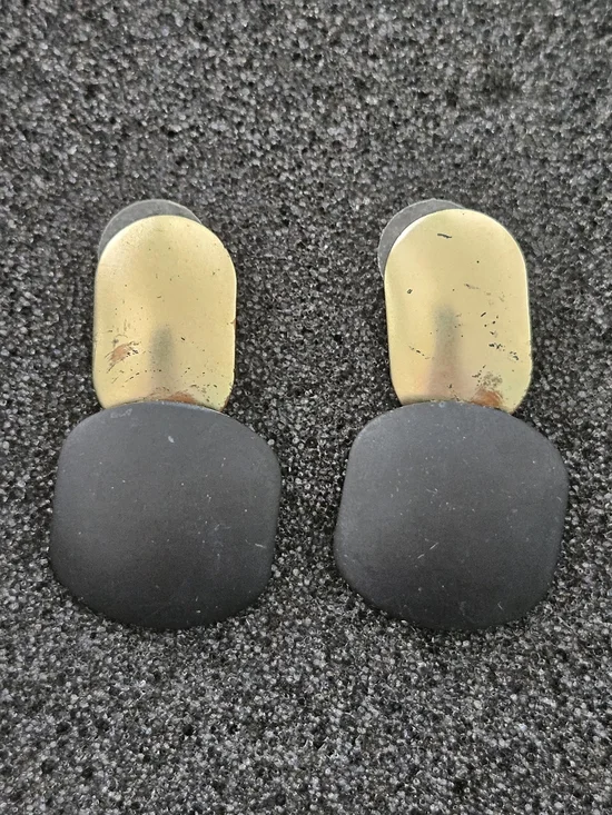 Vintage Matte Black Gold Double Drop Earrings 80s Retro Minimalist Work Party