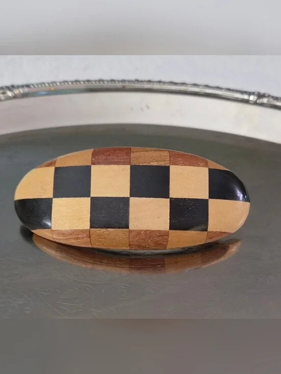 Vintage Handmade Hawaiian Koa Wood Checkerboard Inlay Hair Barrette Clip