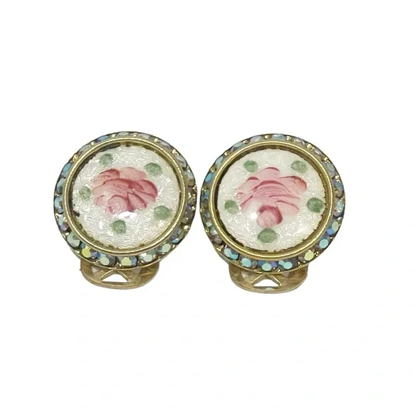 Vintage Rose Enamel Gold Tone Jeweled Clip on Earrings Jewelry