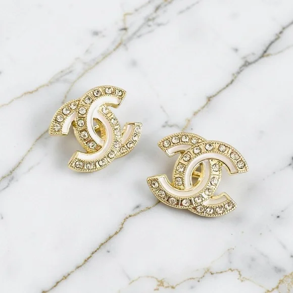 Luxury Gold/White/Rhinestone Upcycled Button Earrings