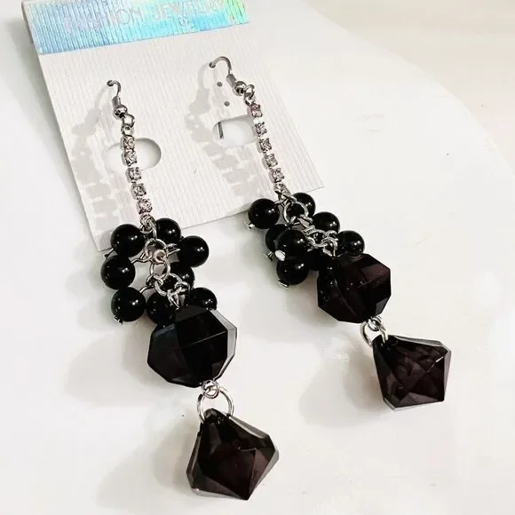 Black Dangle Earrings Drop Pierced Silver Tone Black Beads Faux Crystal  3.5”