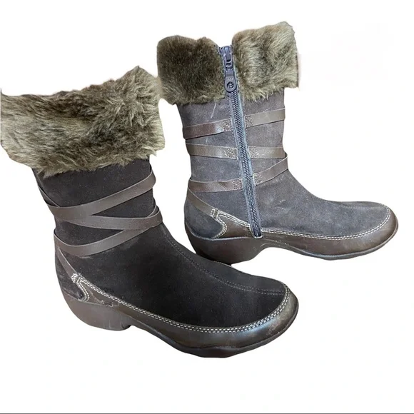 Skechers Mid Calf Faux Fur and Leather Zip Brown Boots Size 7.5