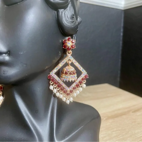Gold and Red Maroon Earrings Jhumka Dimond Shape